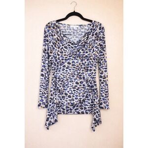 Chaus New York Womens Medium Blue Leopard Print Cowl Neck Tunic Top Long Sleeve